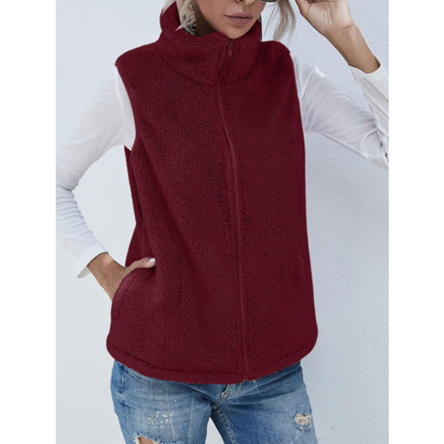 Full Size Fuzzy Zip Up Vest Coat with Pockets Burgundy / S Apparel and Accessories