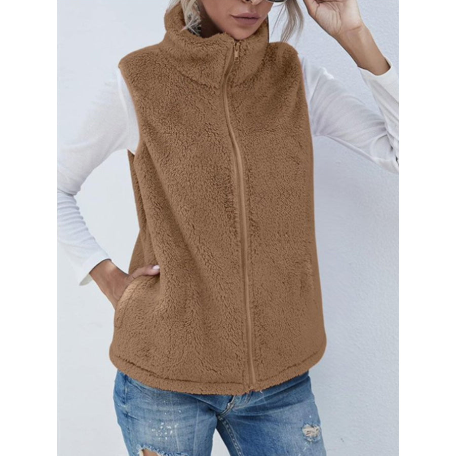 Full Size Fuzzy Zip Up Vest Coat with Pockets Camel / S Apparel and Accessories