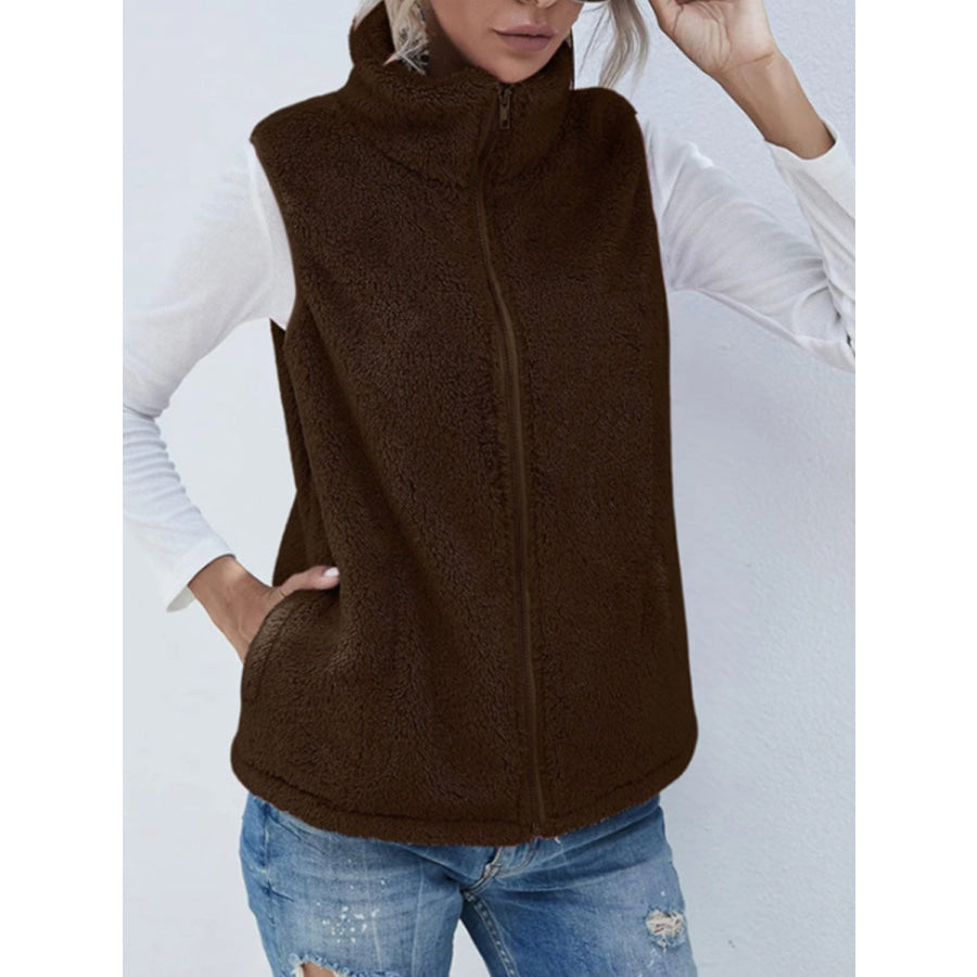 Full Size Fuzzy Zip Up Vest Coat with Pockets Chocolate / S Apparel and Accessories