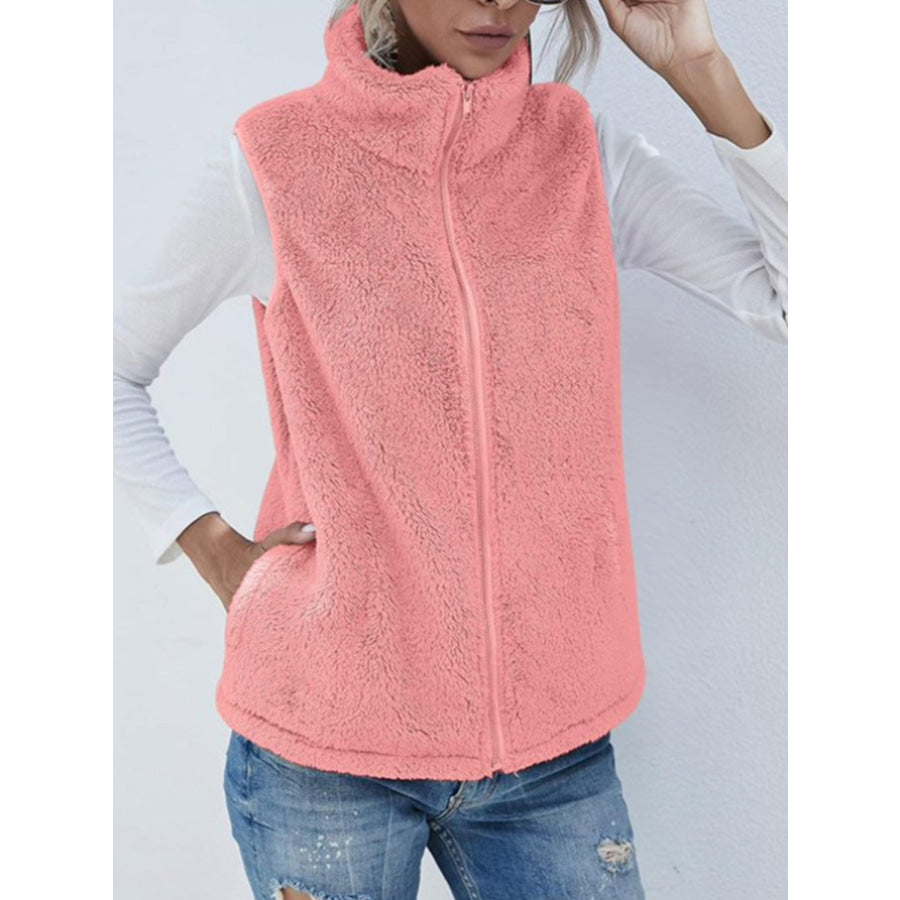 Full Size Fuzzy Zip Up Vest Coat with Pockets Watermelon pink / S Apparel and Accessories