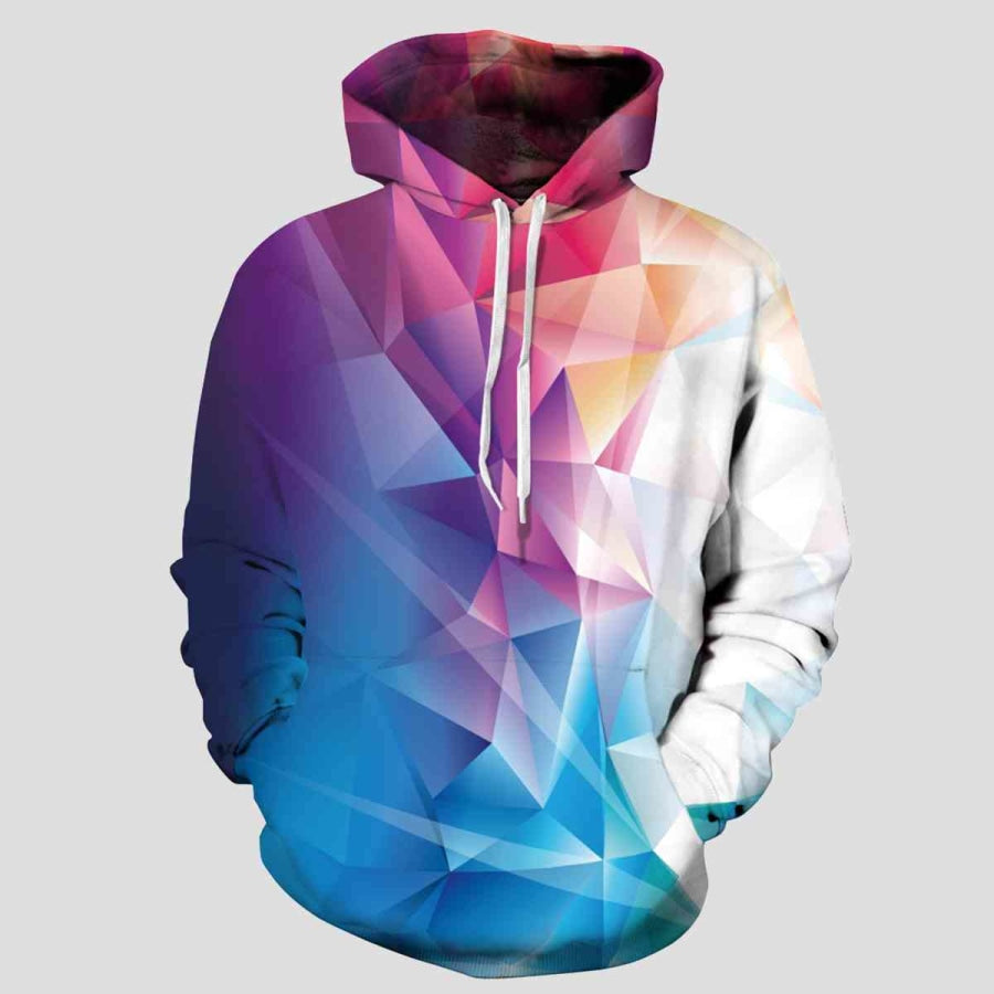 Full Size Geometric Drawstring Hoodie with Pockets Misty Blue / S/M