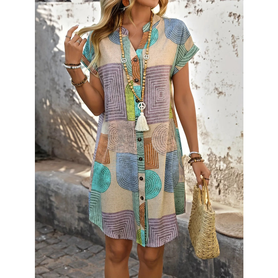 Full Size Geometric Print Button-Down Shirt Dress Plus Size Apparel and Accessories