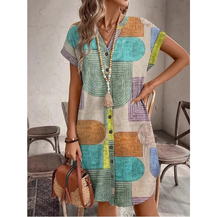 Full Size Geometric Print Button-Down Shirt Dress Plus Size Apparel and Accessories
