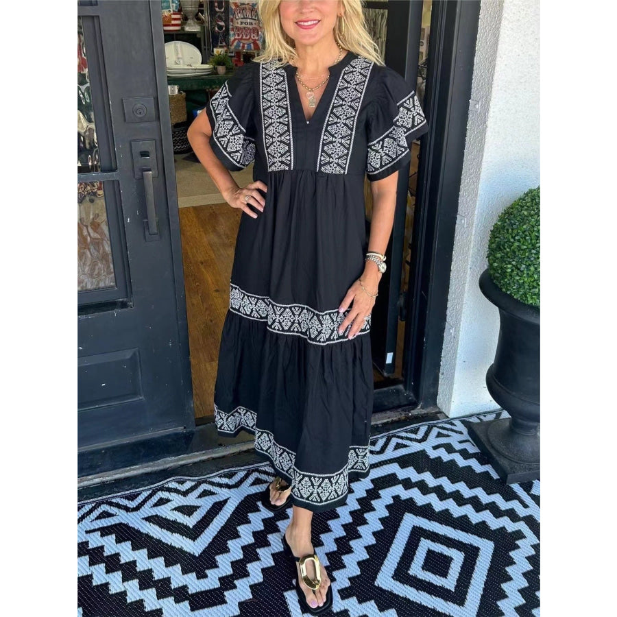Full Size Geometric Print Midi Dress Plus Size Black / S Apparel and Accessories