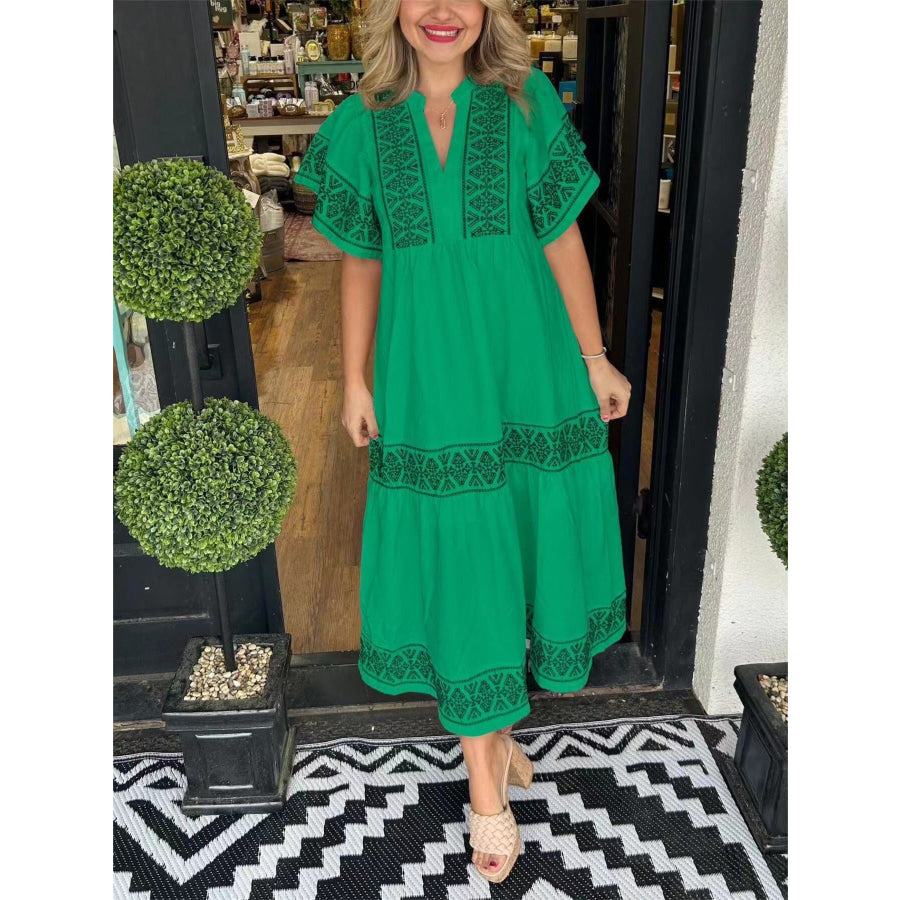Full Size Geometric Print Midi Dress Plus Size Green / S Apparel and Accessories