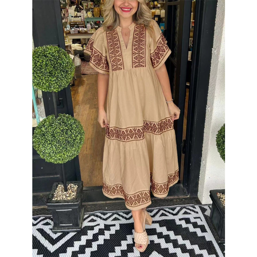 Full Size Geometric Print Midi Dress Plus Size Khaki / S Apparel and Accessories
