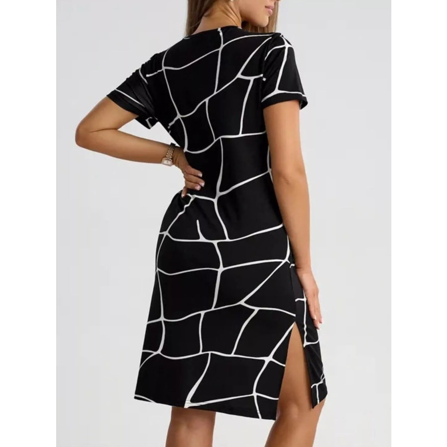 Full Size Geometric Print Midi Dress with Side Slit Plus Size Apparel and Accessories