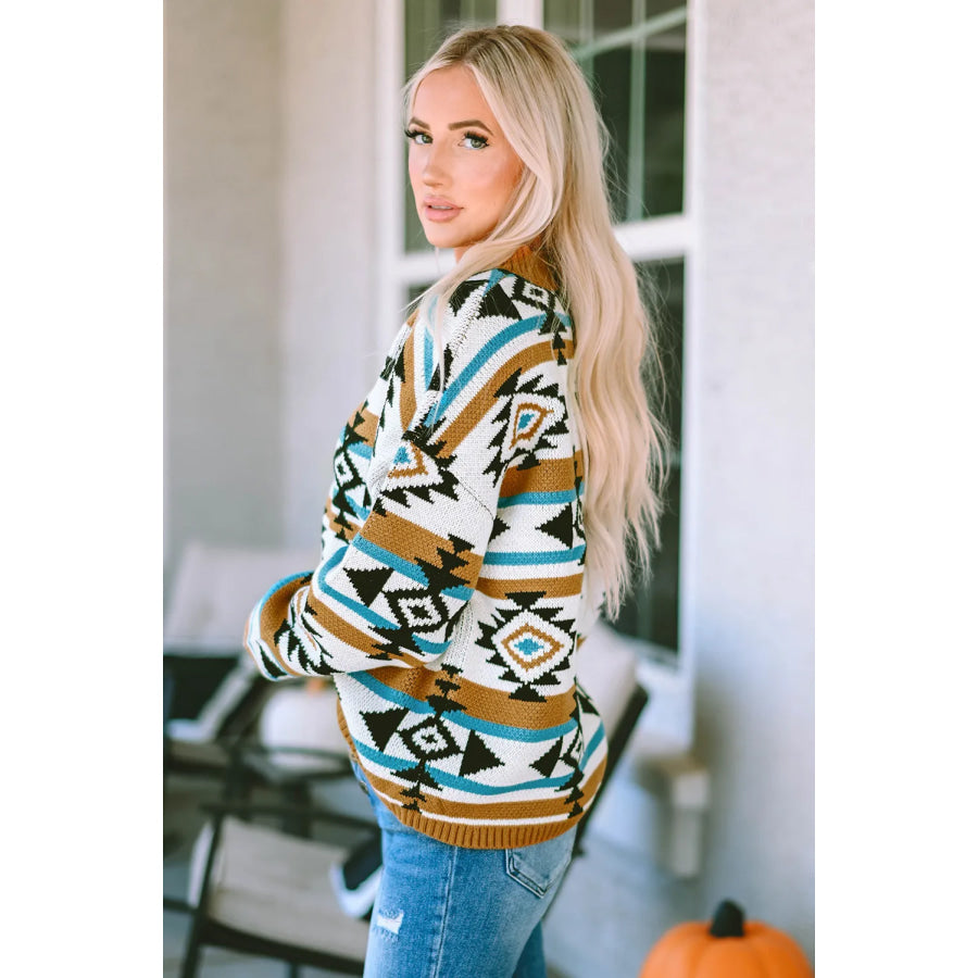 Full Size Geometric Round Neck Long Sleeve Sweater Apparel and Accessories