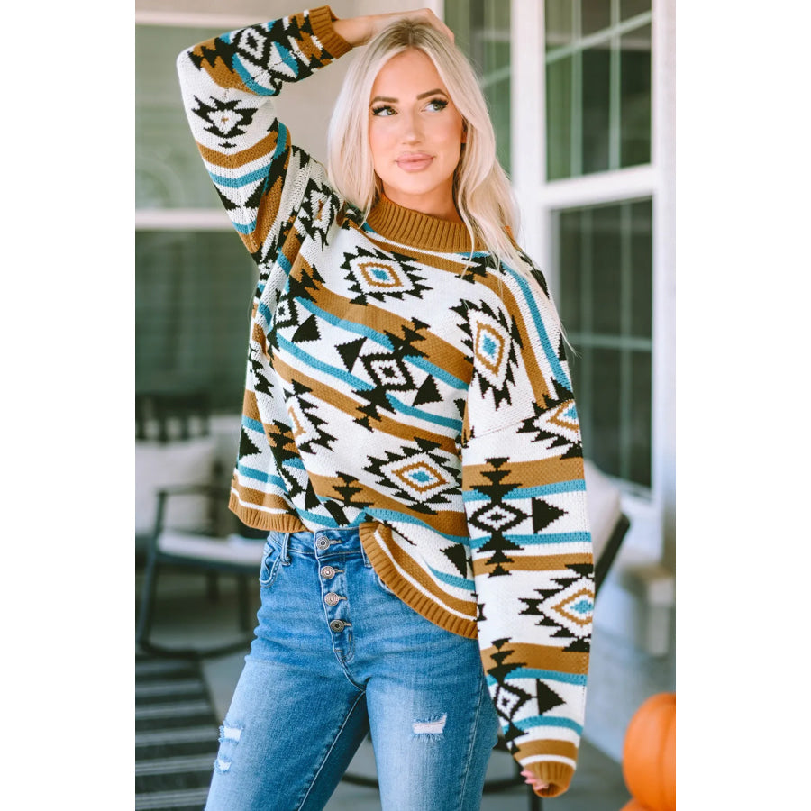 Full Size Geometric Round Neck Long Sleeve Sweater Apparel and Accessories