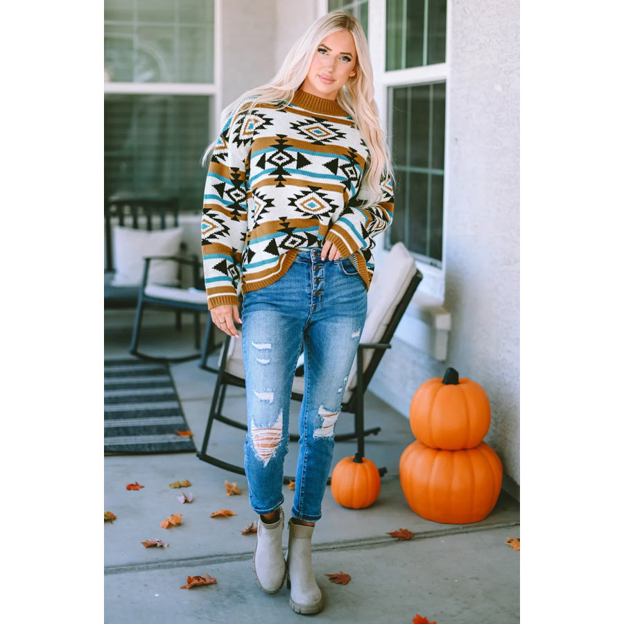 Full Size Geometric Round Neck Long Sleeve Sweater Apparel and Accessories