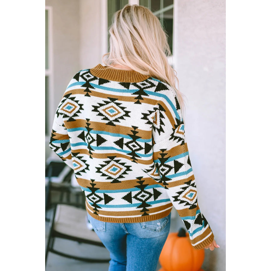 Full Size Geometric Round Neck Long Sleeve Sweater Apparel and Accessories