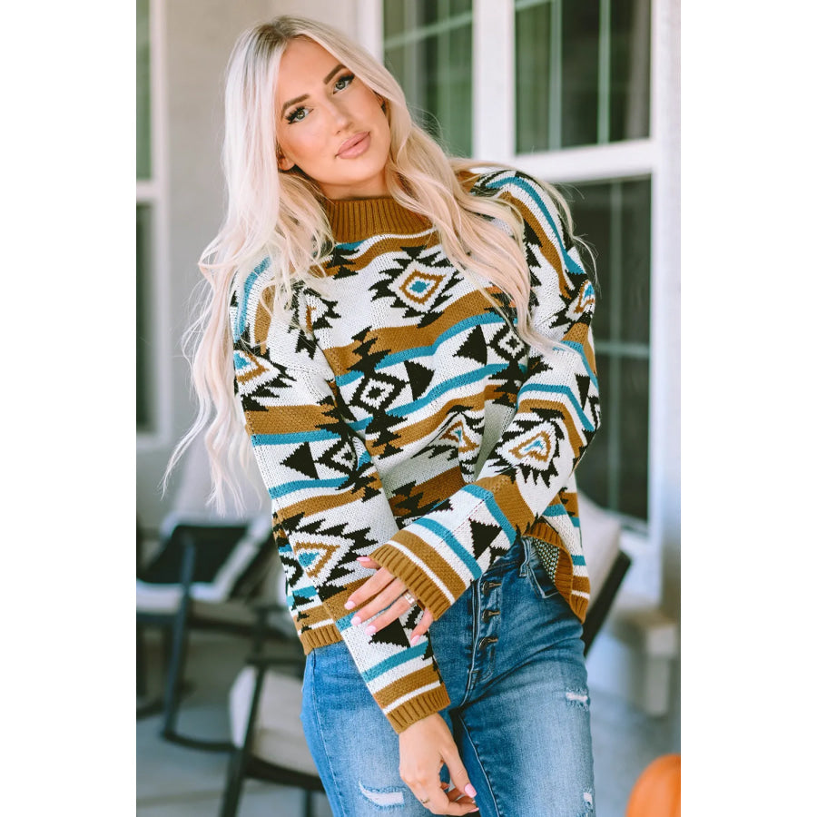 Full Size Geometric Round Neck Long Sleeve Sweater Apparel and Accessories