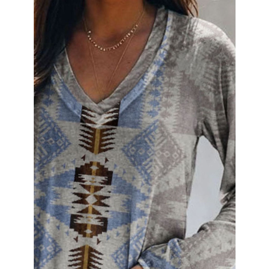 Full Size Geometric V-Neck Long Sleeve T-Shirt Plus Size Apparel and Accessories