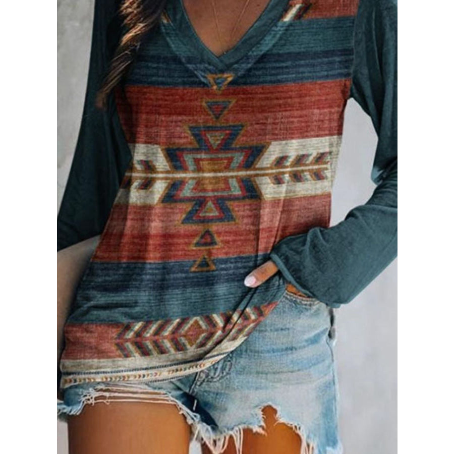 Full Size Geometric V-Neck Long Sleeve T-Shirt Plus Size Apparel and Accessories
