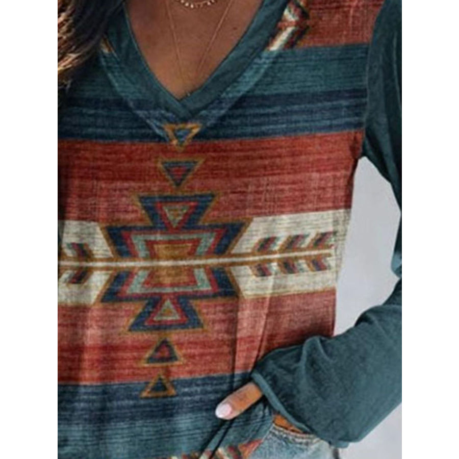 Full Size Geometric V-Neck Long Sleeve T-Shirt Plus Size Apparel and Accessories