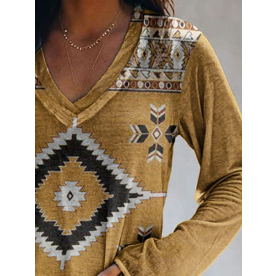 Full Size Geometric V-Neck Long Sleeve T-Shirt Plus Size Apparel and Accessories