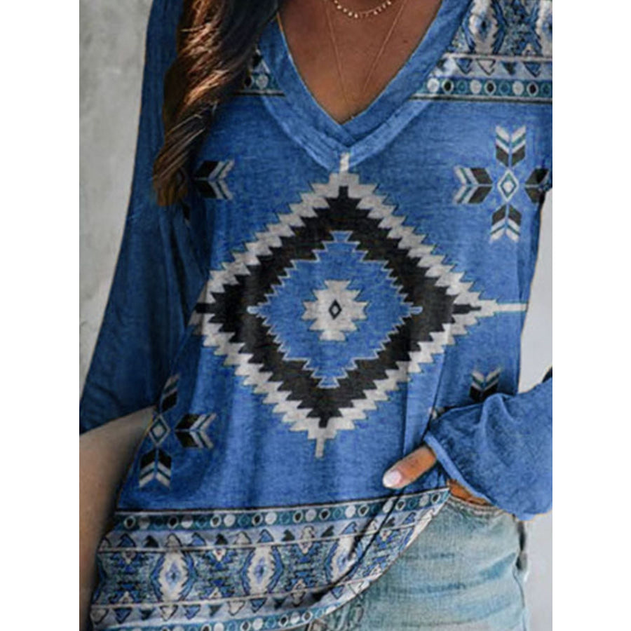 Full Size Geometric V-Neck Long Sleeve T-Shirt Plus Size Apparel and Accessories
