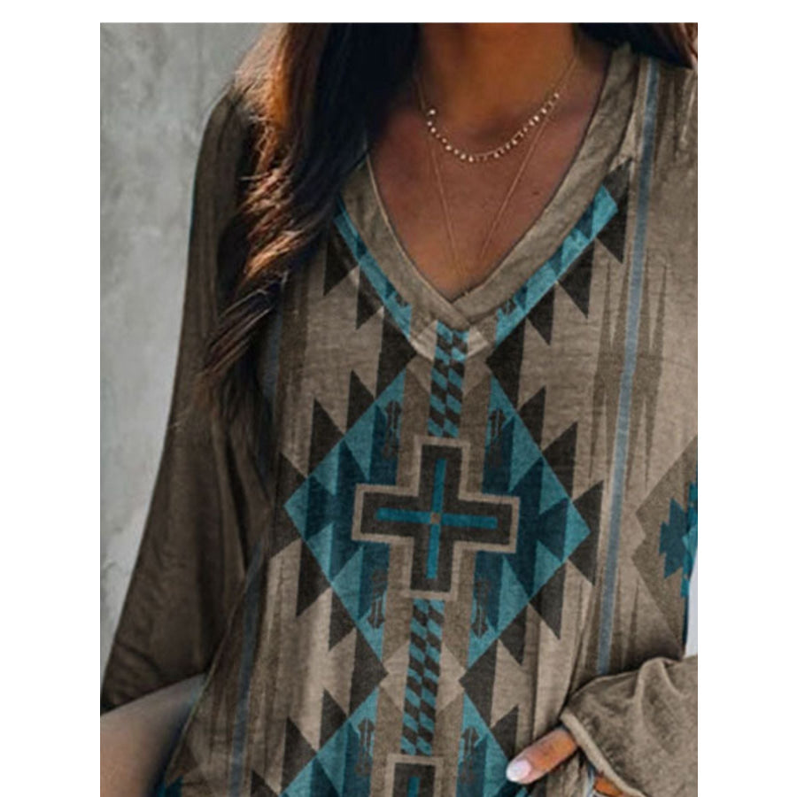 Full Size Geometric V-Neck Long Sleeve T-Shirt Plus Size Apparel and Accessories