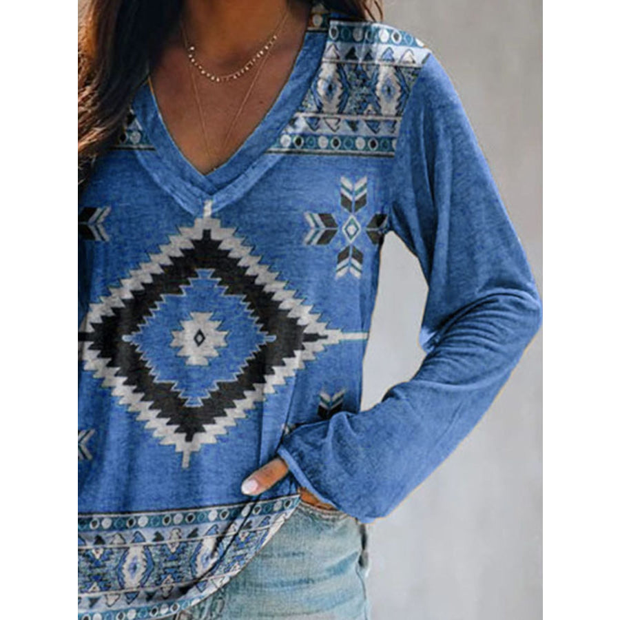 Full Size Geometric V-Neck Long Sleeve T-Shirt Plus Size Apparel and Accessories
