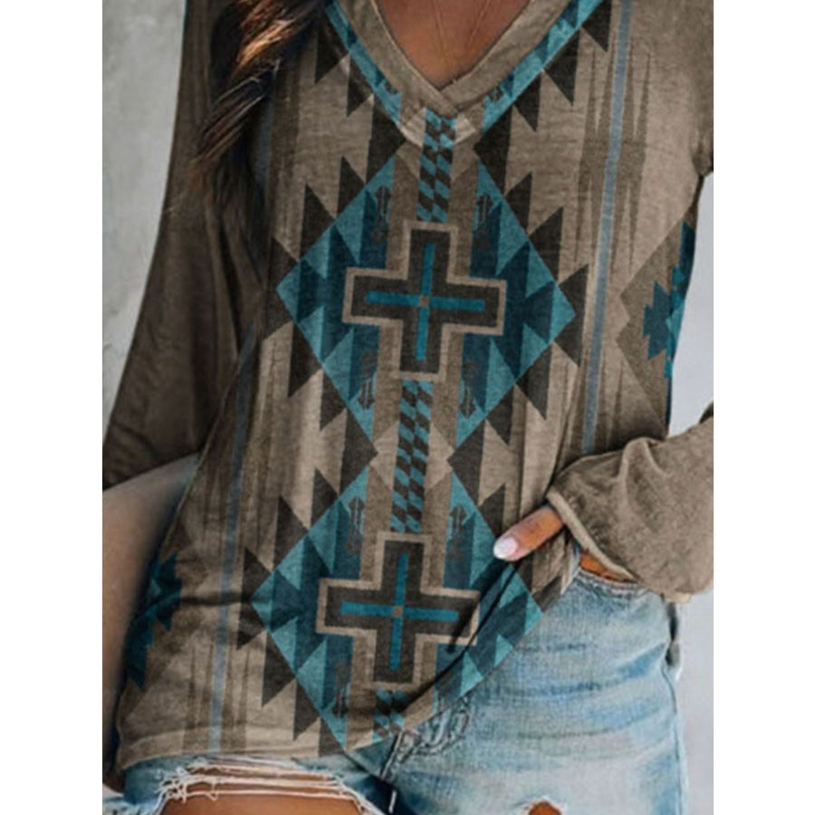 Full Size Geometric V-Neck Long Sleeve T-Shirt Plus Size Apparel and Accessories