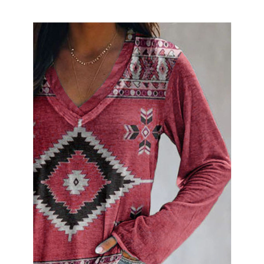 Full Size Geometric V-Neck Long Sleeve T-Shirt Plus Size Apparel and Accessories