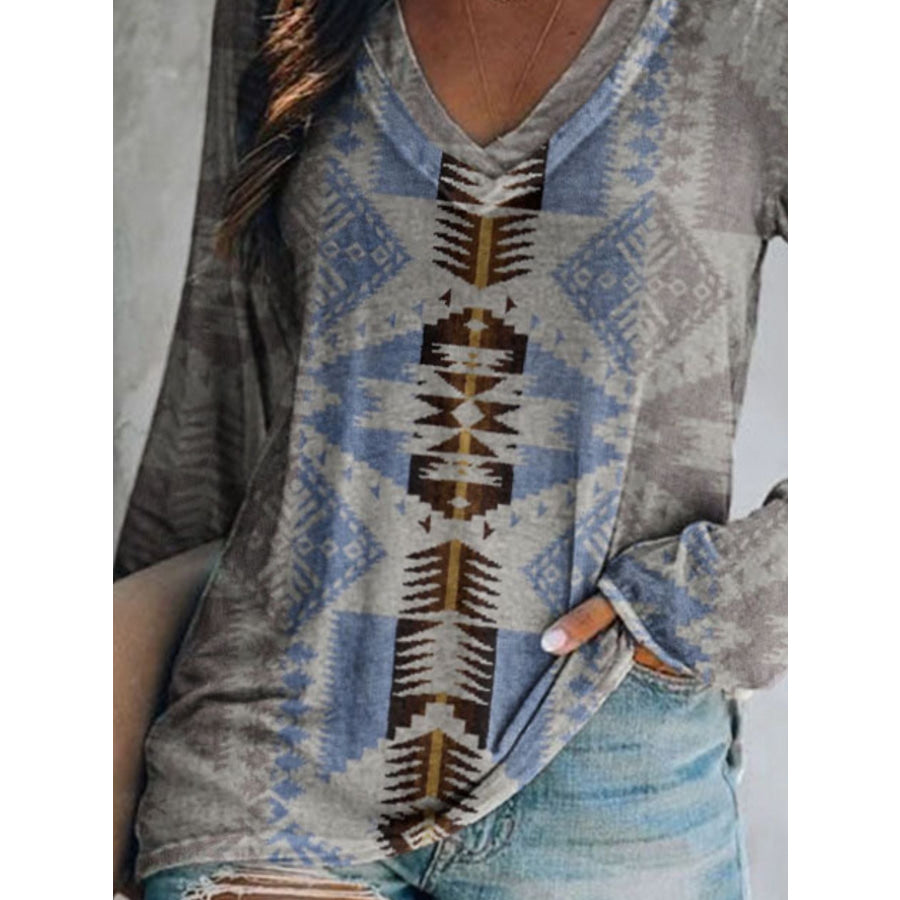 Full Size Geometric V-Neck Long Sleeve T-Shirt Plus Size Apparel and Accessories