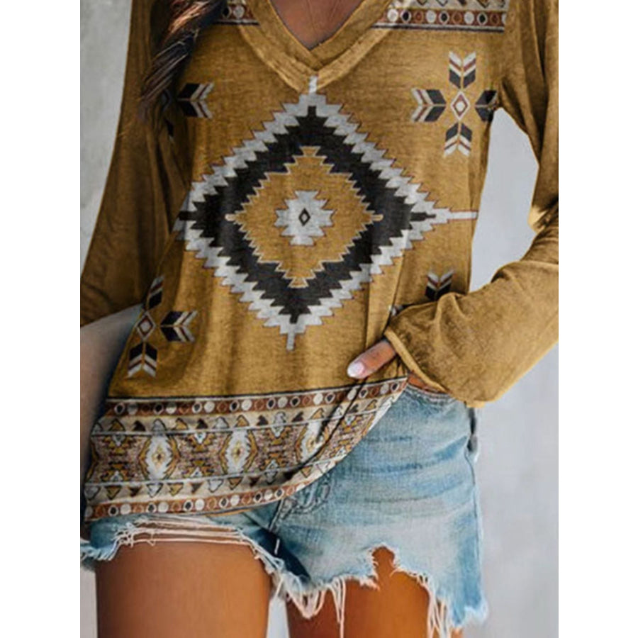 Full Size Geometric V-Neck Long Sleeve T-Shirt Plus Size Apparel and Accessories
