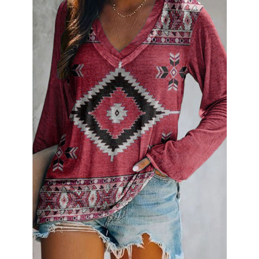Full Size Geometric V-Neck Long Sleeve T-Shirt Plus Size Apparel and Accessories