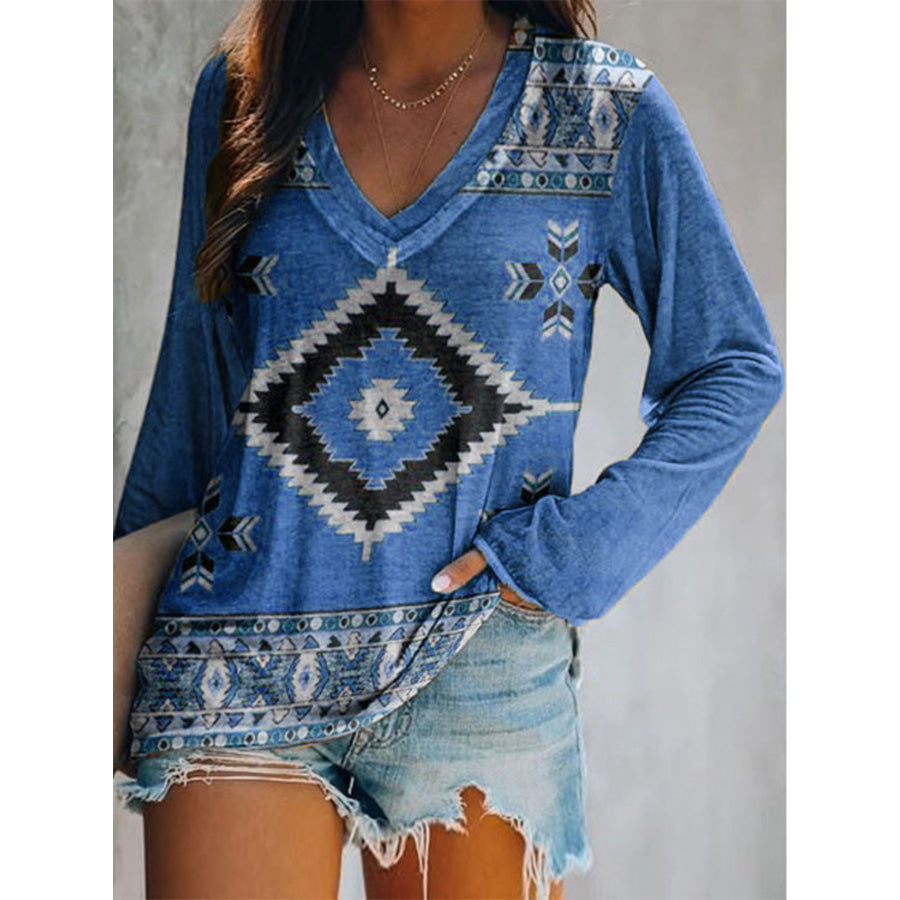 Full Size Geometric V-Neck Long Sleeve T-Shirt Plus Size Blue / S Apparel and Accessories
