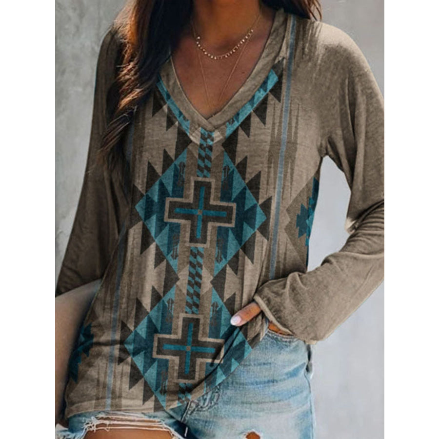 Full Size Geometric V-Neck Long Sleeve T-Shirt Plus Size Coffee / S Apparel and Accessories