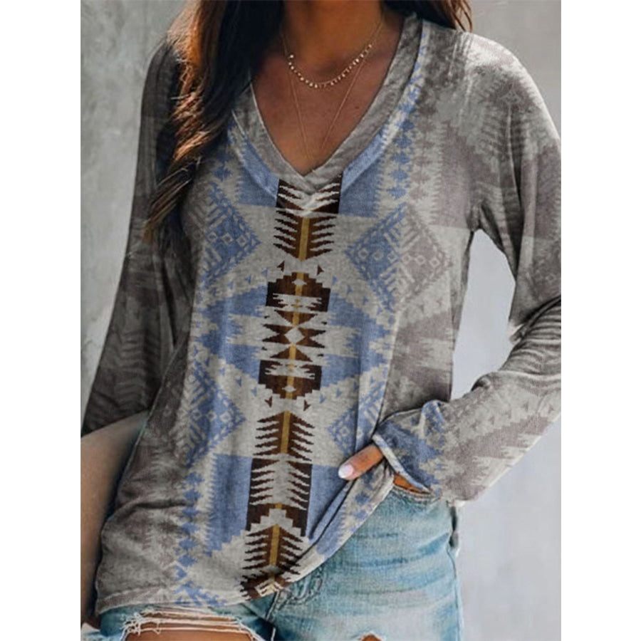 Full Size Geometric V-Neck Long Sleeve T-Shirt Plus Size Grey / S Apparel and Accessories