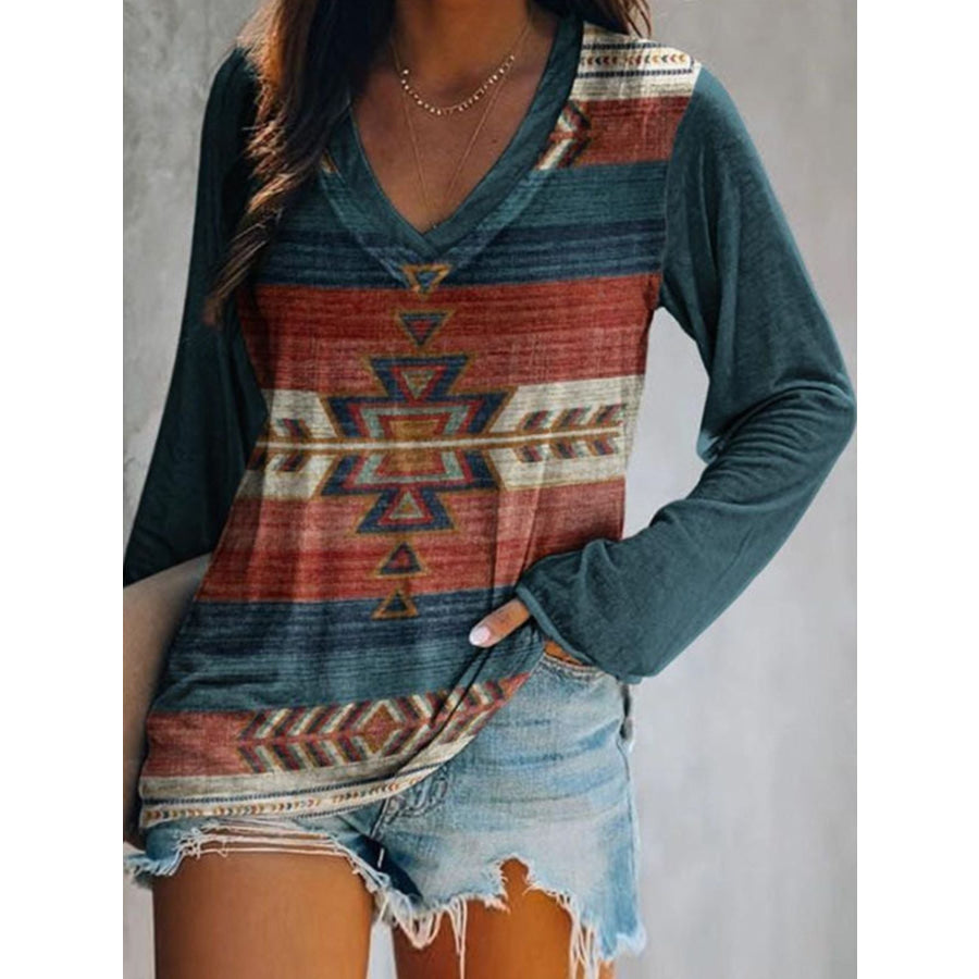 Full Size Geometric V-Neck Long Sleeve T-Shirt Plus Size Navy / S Apparel and Accessories