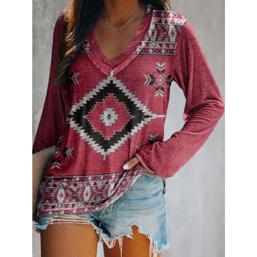 Full Size Geometric V-Neck Long Sleeve T-Shirt Plus Size Red / S Apparel and Accessories