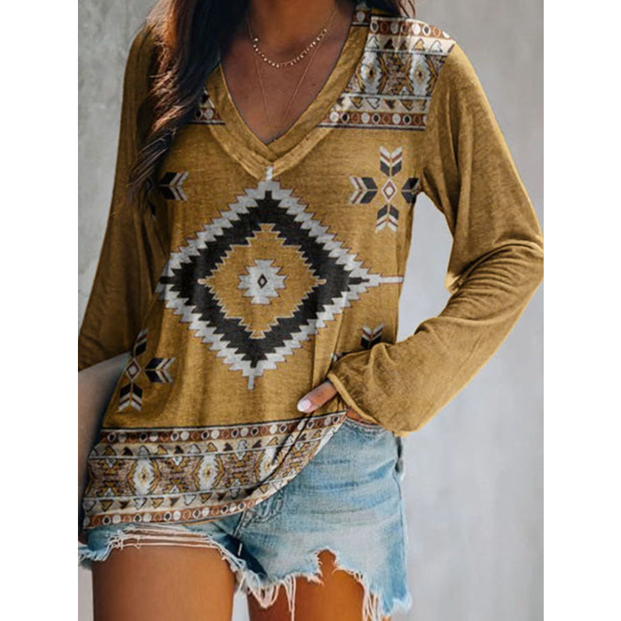 Full Size Geometric V-Neck Long Sleeve T-Shirt Plus Size Yellow / S Apparel and Accessories