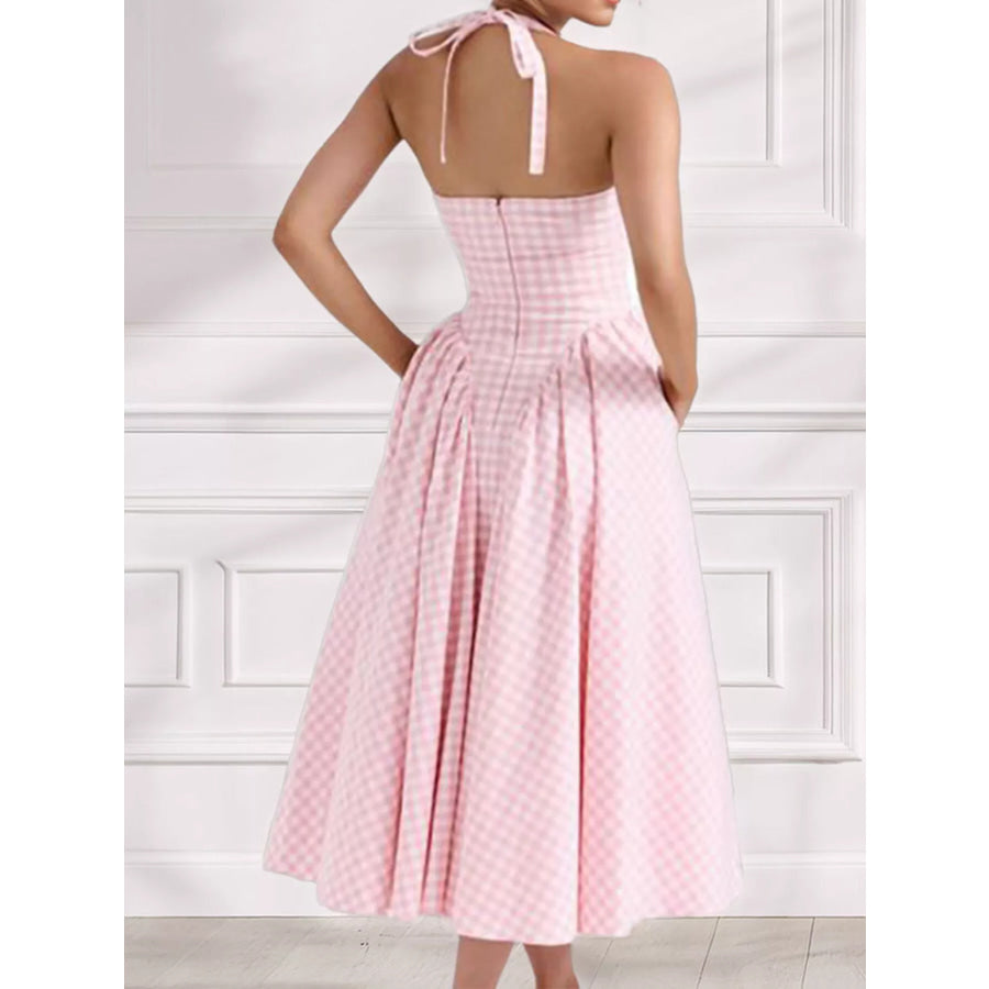 Full Size Gingham Halter Neck Maxi Dress Plus Size Apparel and Accessories