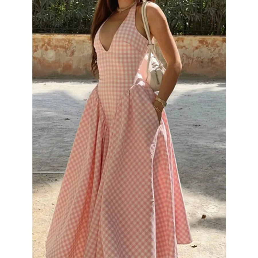 Full Size Gingham Halter Neck Maxi Dress Plus Size Apparel and Accessories