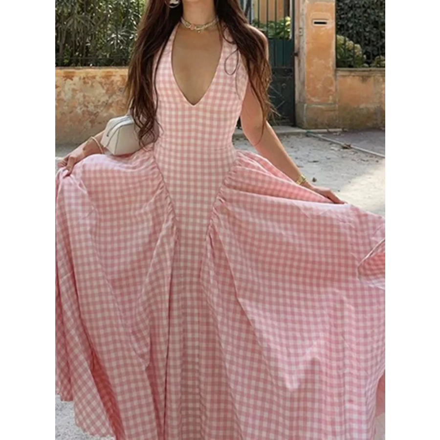 Full Size Gingham Halter Neck Maxi Dress Plus Size Apparel and Accessories