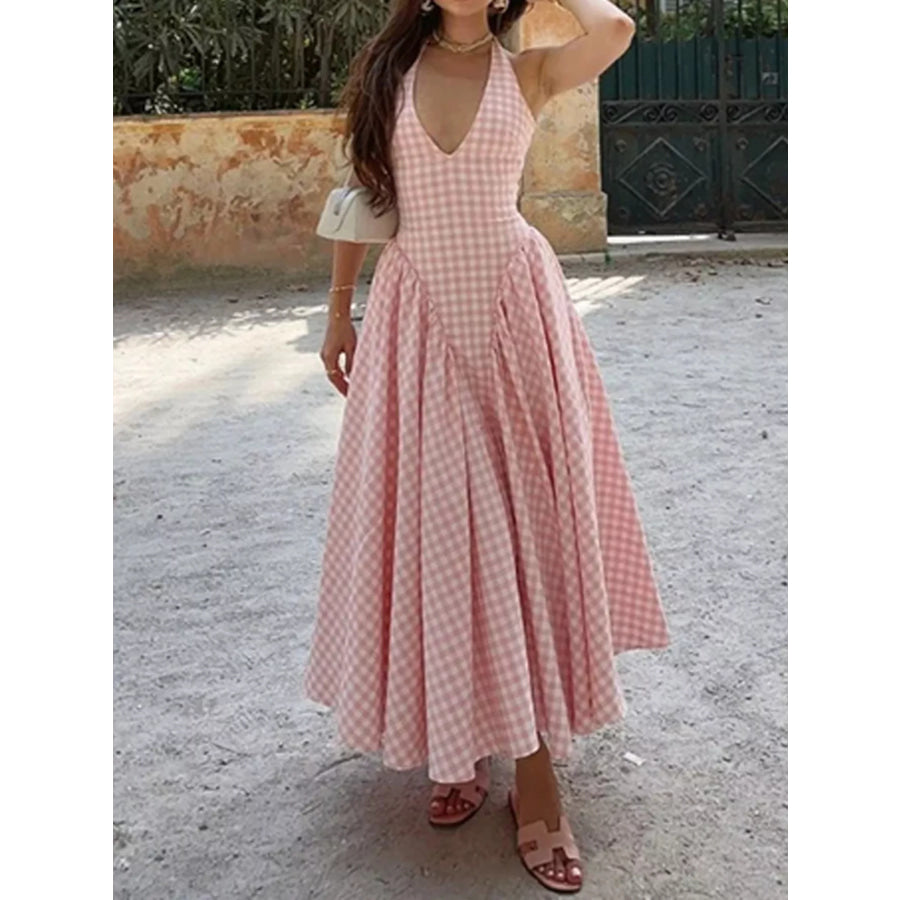 Full Size Gingham Halter Neck Maxi Dress Plus Size Blush Pink / S Apparel and Accessories