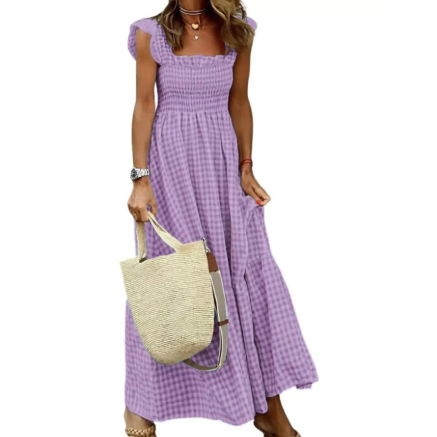 Full Size Gingham Smocked Ruffle Maxi Dress Plus Size Added Purple / S Apparel and Accessories