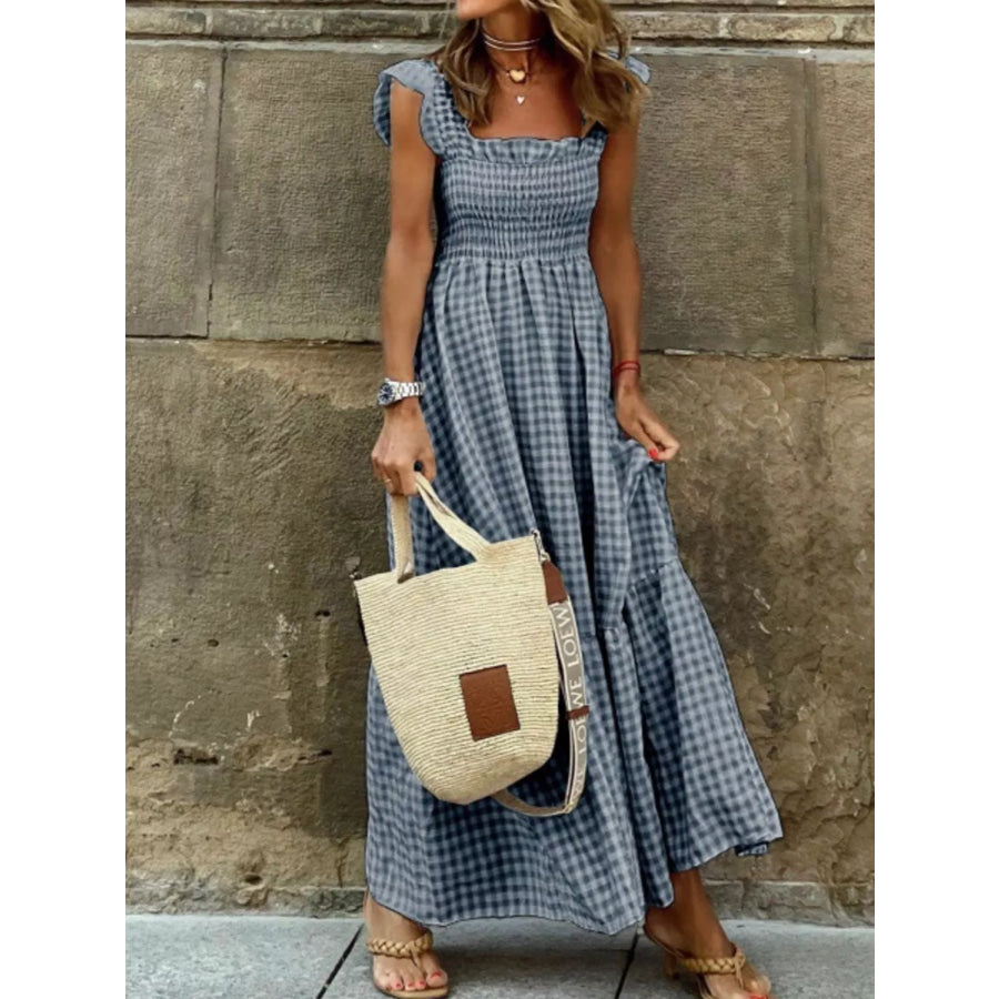 Full Size Gingham Smocked Ruffle Maxi Dress Plus Size Black / S Apparel and Accessories