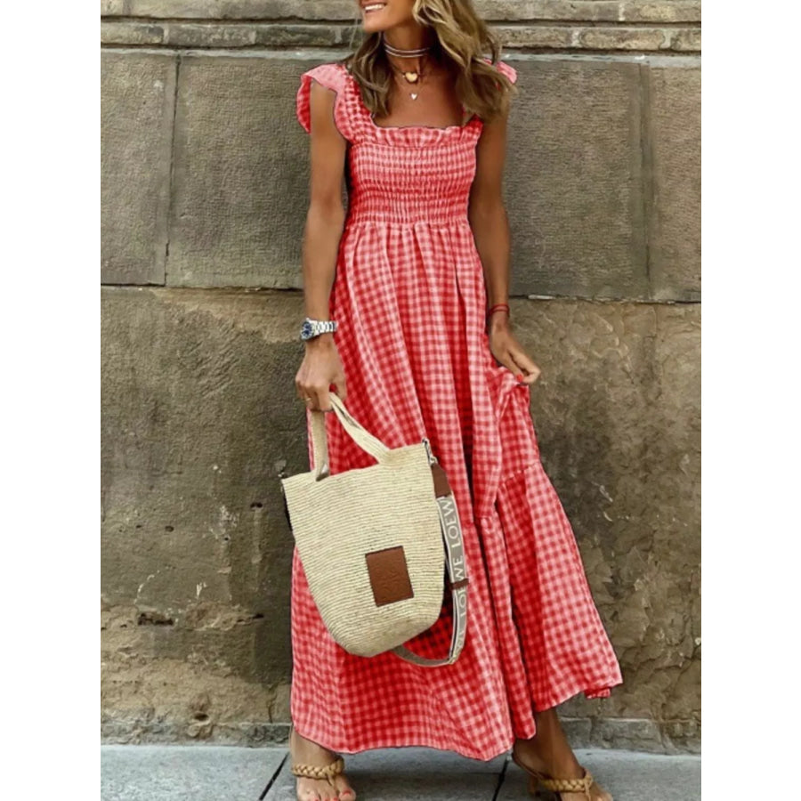 Full Size Gingham Smocked Ruffle Maxi Dress Plus Size Red / S Apparel and Accessories