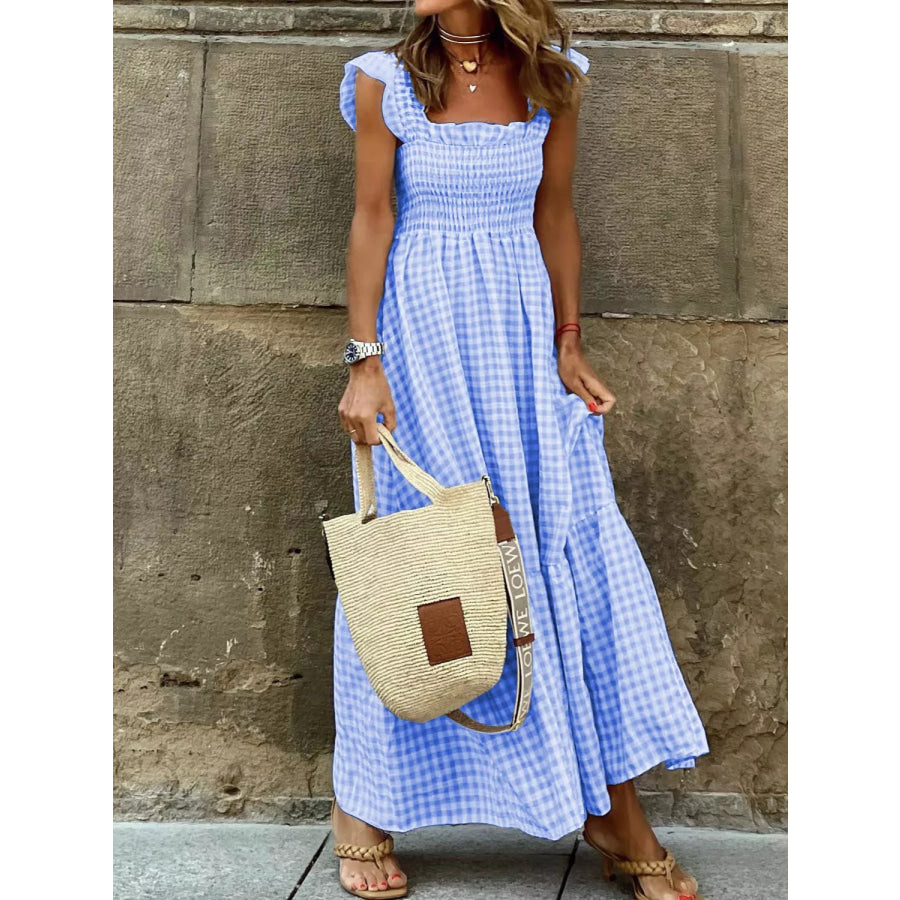 Full Size Gingham Smocked Ruffle Maxi Dress Plus Size Sky Blue / S Apparel and Accessories