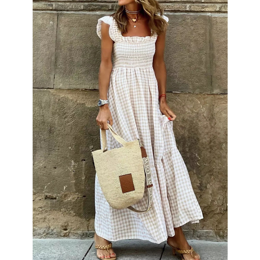 Full Size Gingham Smocked Ruffle Maxi Dress Plus Size White / S Apparel and Accessories