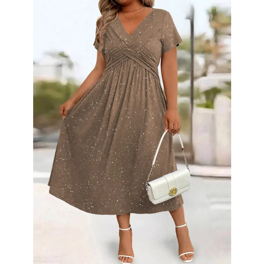 Full Size Glitter Flutter Sleeve Midi Dress Plus Size Apparel and Accessories