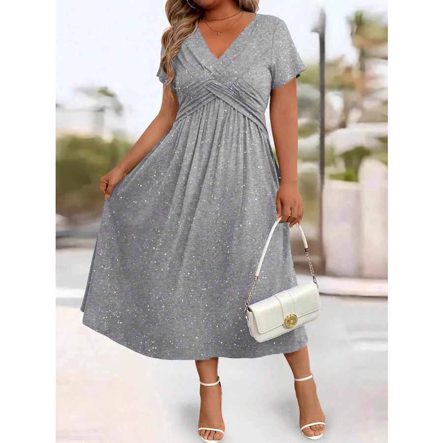 Full Size Glitter Flutter Sleeve Midi Dress Plus Size Apparel and Accessories
