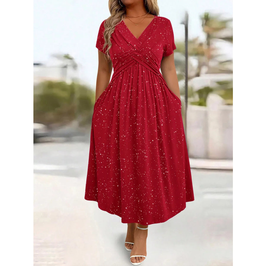 Full Size Glitter Flutter Sleeve Midi Dress Plus Size Red / S Apparel and Accessories