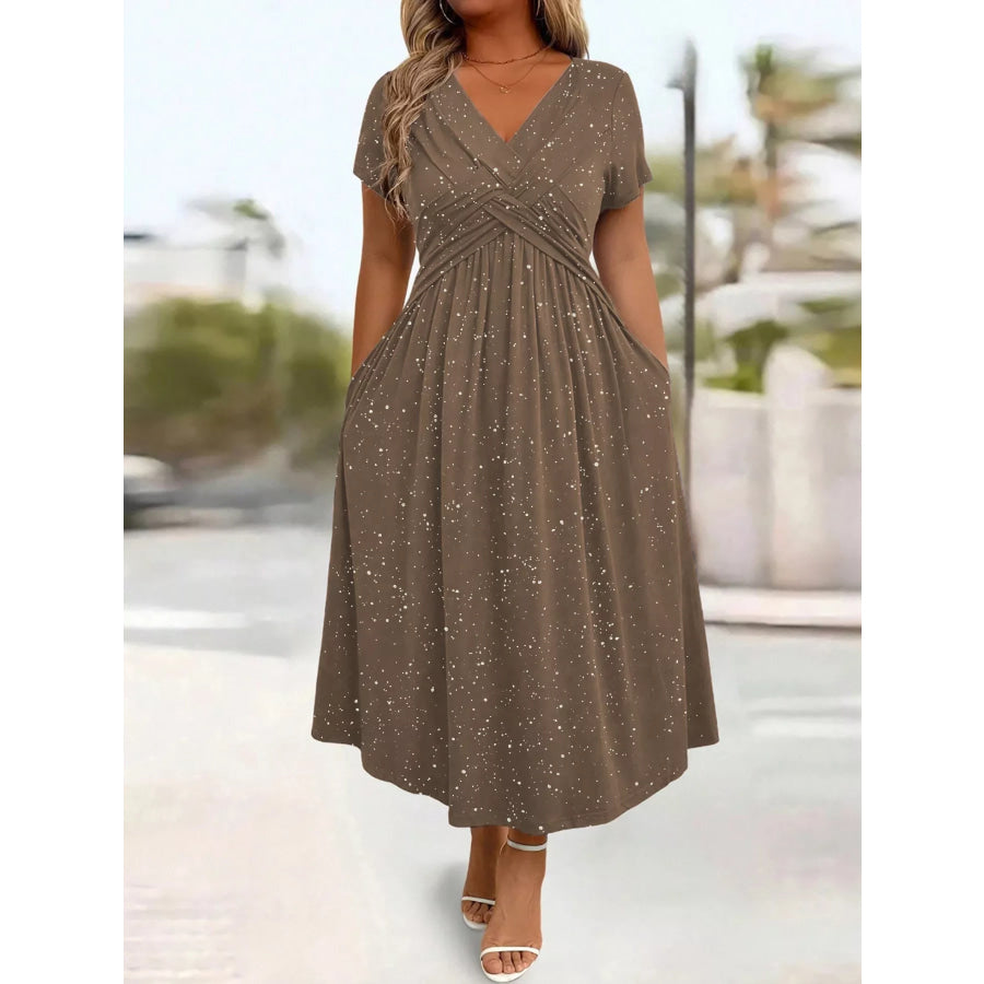Full Size Glitter Flutter Sleeve Midi Dress Plus Size Brown / S Apparel and Accessories