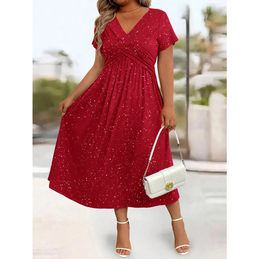 Full Size Glitter Flutter Sleeve Midi Dress Plus Size Red / S Apparel and Accessories