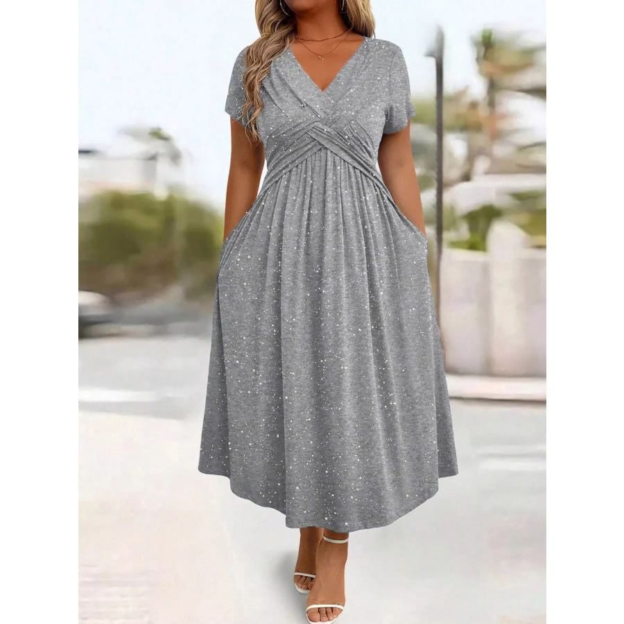 Full Size Glitter Flutter Sleeve Midi Dress Plus Size Silver Gray / S Apparel and Accessories