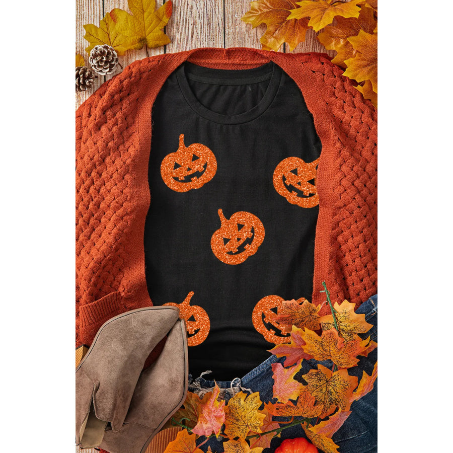 Full Size Glitter Jack-O’-Lantern Round Neck Short Sleeve T-Shirt Apparel and Accessories